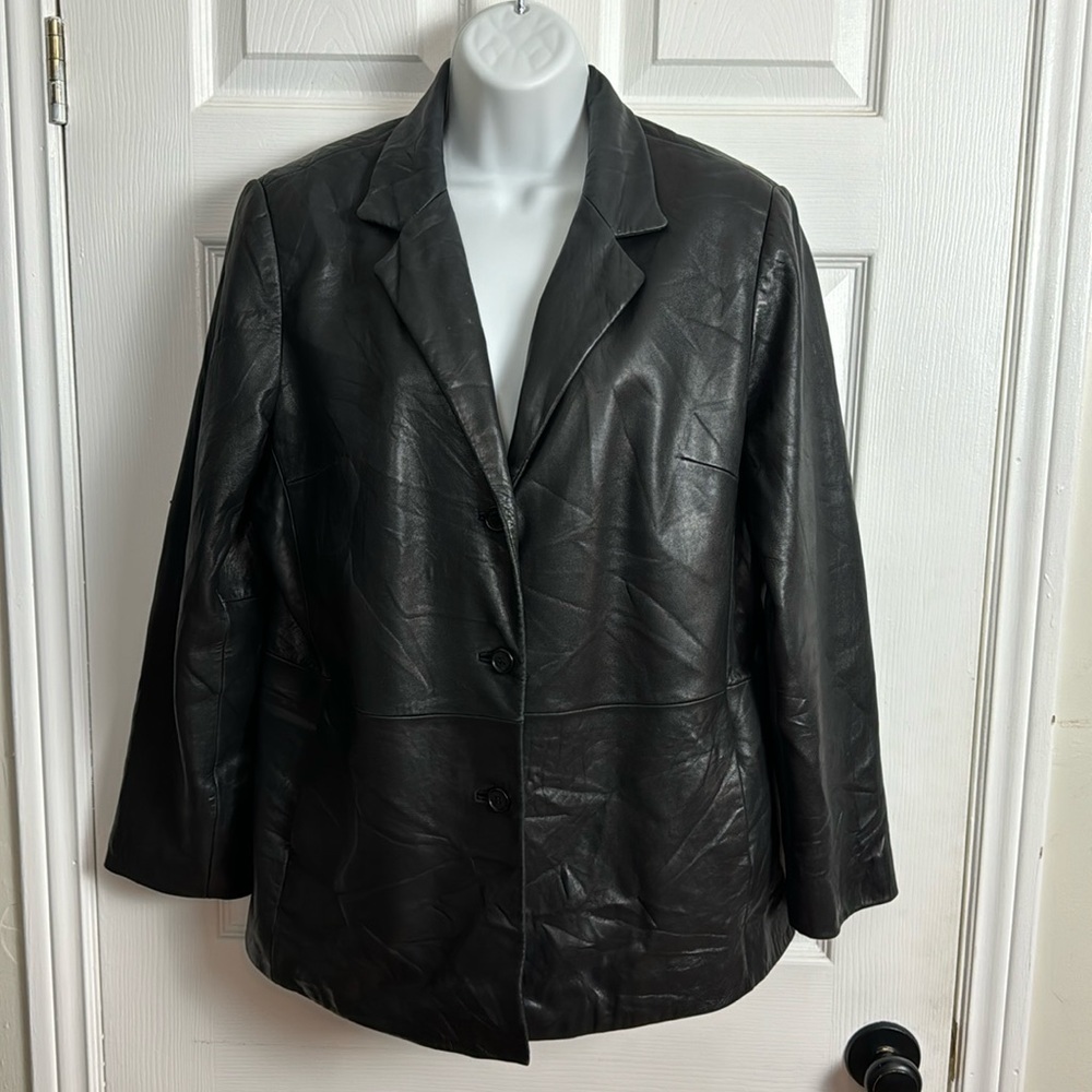 Jones New York Black Leather Jacket Petite Large Womens
